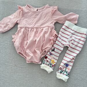 Ruffle Butts Pink + White Ruffle One Piece + Striped Flower Tights 0-3 Months